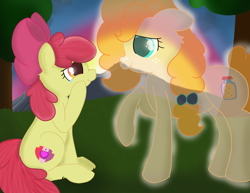 Size: 3300x2550 | Tagged: safe, artist:skyflys, derpibooru import, apple bloom, pear butter, earth pony, ghost, pony, female, filly, freckles, mare, mother and child, mother and daughter, parent and child, sad, smiling, teary eyes