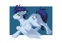 Size: 1244x866 | Tagged: safe, artist:tangomangoes, derpibooru import, soarin', pegasus, pony, abstract background, chest fluff, dock, ear fluff, floppy ears, hoof fluff, looking back, male, plot, raised hoof, raised leg, solo, spread wings, stallion, wings