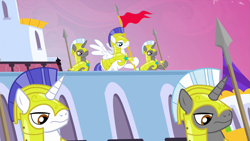 Size: 1439x809 | Tagged: safe, derpibooru import, screencap, pegasus, pony, unicorn, a canterlot wedding, armor, flag, helmet, hoof shoes, male, pegasus royal guard, royal guard, royal guard armor, spear, spread wings, stallion, unicorn royal guard, weapon, wings