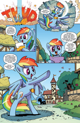 Size: 994x1528 | Tagged: safe, artist:pencils, derpibooru import, idw, rainbow dash, pegasus, pony, spoiler:comic, spoiler:comic70, best pony, comic, crash, crater, cute, dashabetes, derp, envelope, falling, female, implied derpy, mare, official comic, offscreen character, open mouth, pain star, preview, rainbow crash, rearing, speech bubble, thud, tongue out