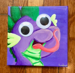 Size: 1024x995 | Tagged: safe, artist:colorsceempainting, derpibooru import, spike, dragon, bust, canvas, googly eyes, paint, painting, portrait, silly, solo, tongue out, traditional art