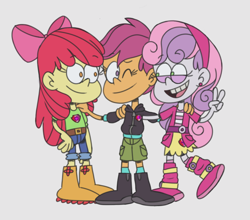 Size: 2332x2048 | Tagged: safe, artist:itoruna-the-platypus, derpibooru import, apple bloom, scootaloo, sweetie belle, human, equestria girls, belt, bow, clothes, cutie mark crusaders, female, nickelodeon, pants, peace sign, shoes, style emulation, the loud house