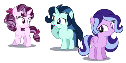 Size: 2400x1200 | Tagged: safe, artist:carouselunique, derpibooru import, oc, oc:dolly dusk, oc:primrose prime, oc:ursula star, pony, comic:aria's archives, equestria girls ponified, offspring, parent:chancellor neighsay, parent:oc:caliper cinch, parent:rosette nebula, parent:sonata dusk, parent:suri polomare, parents:canon x oc, ponified