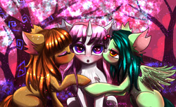 Size: 4096x2500 | Tagged: safe, artist:caliluminos, derpibooru import, oc, oc:aine, oc:kaway, oc:lenna, oc:natiilumi, earth pony, pegasus, pony, unicorn, blushing, cute, eyes closed, female, mare, signature, tree