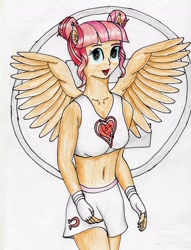 Size: 2482x3256 | Tagged: safe, artist:40kponyguy, derpibooru exclusive, derpibooru import, majorette, equestria girls, belly button, clothes, cute, exeron fighters, hair bun, looking at you, midriff, miniskirt, ponied up, requested art, skirt, solo, traditional art, wings