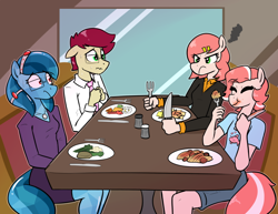 Size: 1200x928 | Tagged: safe, artist:whatsapokemon, derpibooru import, oc, oc only, oc:avery, oc:coral, oc:historia, oc:orca, anthro, earth pony, angry, anthro oc, clothes, date, double date, eating, eyes closed, food, fork, glasses, jewelry, knife, necklace, necktie, nervous, pasta, pepper, plate, restaurant, salt, shirt, shorts, sitting, skirt, smiling, spaghetti, suit, sweat, sweater, table, vegetables