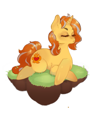 Size: 853x1033 | Tagged: safe, artist:helskel, derpibooru import, oc, oc only, oc:cinderheart, pony, unicorn, commission, eyes closed, female, floating, floating island, grass, mare, simple background, solo, transparent background, ych result
