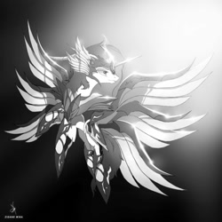 Size: 1500x1500 | Tagged: safe, artist:zidanemina, derpibooru import, oc, oc only, oc:infernia, alicorn, pony, tricorn, unicorn, armor, crossover, female, flying, grayscale, mare, monochrome, multiple horns, multiple wings, saint seiya, six wings, solo