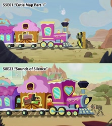 Size: 960x1080 | Tagged: safe, derpibooru import, edit, edited screencap, screencap, sounds of silence, the cutie map, comparison, friendship express, no pony, train, train tracks, tree