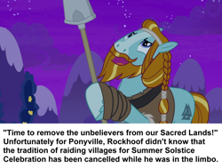 Size: 768x582 | Tagged: safe, derpibooru import, edit, edited screencap, screencap, rockhoof, pony, a rockhoof and a hard place, ponestrip, purge, rockhoof's shovel, solo, summer solstice