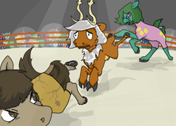 Size: 700x500 | Tagged: safe, artist:autumnbramble, derpibooru import, oc, oc only, oc:autumn bramble, oc:tempus fidgets, deer, earth pony, pony, sports, wrestling, wrestling ring