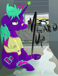 Size: 2975x3850 | Tagged: safe, artist:overlord pony, derpibooru import, oc, oc only, oc:mix tape, alleyway, cover, demiboy, nonbinary, sad, solo, street