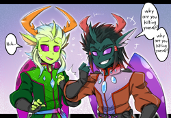 Size: 1300x900 | Tagged: safe, artist:thegreatrouge, derpibooru import, pharynx, thorax, anthro, changedling, changeling, brothers, changedling brothers, clothes, dialogue, king thorax, male, open mouth, prince pharynx, speech bubble