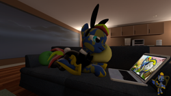 Size: 1920x1080 | Tagged: safe, artist:nebulafactory, derpibooru import, oc, oc:nebula, oc:skyfly, 3d, bunny ears, bunny suit, clothes, computer, laptop computer, love, sofa, source filmmaker