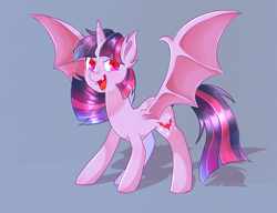 Size: 1300x1000 | Tagged: safe, artist:ch-chau, artist:whiskyice, derpibooru import, twilight sparkle, twilight sparkle (alicorn), alicorn, bat pony, bat pony alicorn, pony, collaboration, bat ponified, blood, blue background, fangs, female, mare, race swap, simple background, smiling, solo, twibat