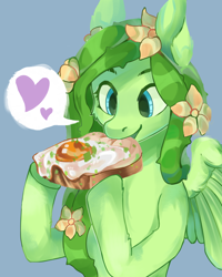 Size: 2400x3000 | Tagged: safe, artist:liarbunny, derpibooru import, oc, oc only, oc:heady weed, pegasus, pony, black background, bust, commission, digital art, eating, female, flower, flower in hair, food, green hair, green mane, green tail, heart, high res, mare, sandwich, simple background, solo, ych result