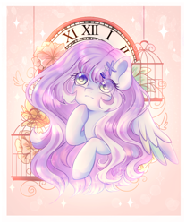 Size: 1000x1200 | Tagged: safe, artist:whiskyice, derpibooru import, oc, pegasus, pony, abstract background, birdcage, blushing, bust, clock, colored wings, colored wingtips, cute, female, flower, golden eyes, hairclip, heterochromia, hoof under chin, looking up, mare, pretty, purple eyes, purple hair, sparkles, wings