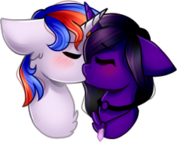 Size: 1688x1348 | Tagged: safe, artist:grapegrass, derpibooru import, oc, oc only, oc:free quill, oc:nova aurora, pony, unicorn, blushing, collar, couple, crossed horns, eyes closed, female, jewelry, kissing, male, mare, necklace, qurora, stallion