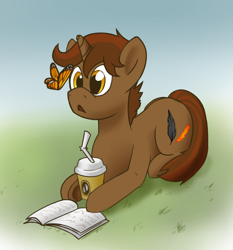 Size: 2060x2211 | Tagged: safe, artist:qyufreik, derpibooru import, oc, oc only, oc:shadowheart, butterfly, pony, unicorn, book, coffee, golden eyes, grass, high res, lying in grass, male, monarch butterfly, open mouth, park, solo, stallion, starbucks