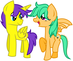 Size: 2296x1908 | Tagged: safe, artist:drawingwithbleonayt, derpibooru import, oc, oc:honey drops, oc:orion galaxy, alicorn, hybrid, alicorn oc, couple, female, husband and wife, interspecies offspring, looking at each other, male, married couple, oc x oc, offspring, offspring shipping, parent:discord, parent:flash sentry, parent:fluttershy, parent:twilight sparkle, parents:discoshy, parents:flashlight, pregnant, shipping, straight