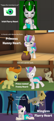 Size: 1920x4320 | Tagged: safe, artist:red4567, derpibooru import, cheese cake, discord, pound cake, princess flurry heart, pumpkin cake, alicorn, pony, unicorn, comic:princess punny heart 2, 3d, comic, diaper, female to male, food, honey, jacksepticeye, m.a. larson, m.a. larson is not amused, prince frosty heart, race swap, rule 63, source filmmaker, transformation, transgender transformation, wingless