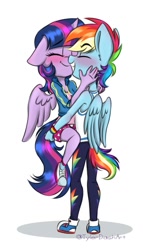 Size: 675x1178 | Tagged: safe, artist:tylerdashart, derpibooru import, rainbow dash, twilight sparkle, twilight sparkle (alicorn), alicorn, anthro, pegasus, blushing, clothes, converse, eyes closed, female, jacket, lesbian, pants, shipping, shirt, shoes, shorts, simple background, smiling, sneakers, twidash, white background