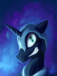 Size: 2646x3508 | Tagged: safe, artist:sea-maas, derpibooru import, nightmare moon, alicorn, pony, female, grin, helmet, mare, smiling, solo