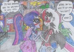 Size: 1755x1227 | Tagged: safe, artist:nephilim rider, derpibooru import, sci-twi, twilight sparkle, oc, oc:heaven lost, better together, equestria girls, blushing, looking at each other, traditional art