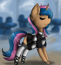 Size: 989x1041 | Tagged: safe, artist:deraniel, derpibooru import, oc, oc only, oc:sadistic smile, pony, unicorn, blurry background, clothes, commission, digital art, ear fluff, eyes closed, female, maid, maid headdress, mare, multicolored hair, multicolored mane, multicolored tail, solo, ych result