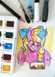 Size: 2052x2841 | Tagged: safe, artist:gaelledragons, derpibooru import, oc, oc only, oc:bay breeze, pegasus, pony, birthday, cake, cute, food, happy birthday, hat, party hat, traditional art, watercolor painting