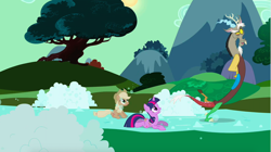 Size: 1358x762 | Tagged: safe, derpibooru import, screencap, applejack, discord, twilight sparkle, unicorn twilight, draconequus, earth pony, pony, unicorn, the return of harmony, discorded, female, liarjack, mare, prone, raised eyebrow, skating, soap roads, suds, tree, trio