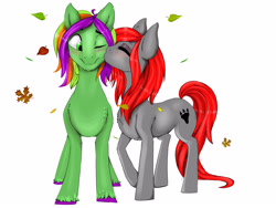 Size: 4000x3000 | Tagged: safe, artist:athenawhite, derpibooru import, oc, oc only, earth pony, pony, blushing, chest fluff, eyes closed, eyeshadow, female, kiss on the cheek, kissing, makeup, male, mare, mascara, multicolored hair, multicolored mane, multicolored tail, oc x oc, one eye closed, red hair, red mane, red tail, shipping, simple background, stallion, straight, white background