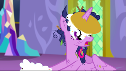 Size: 1439x811 | Tagged: safe, derpibooru import, screencap, twilight sparkle, twilight sparkle (alicorn), alicorn, pony, castle sweet castle, female, food, horn impalement, i'm pancake, mare, messy, messy mane, open mouth, pancakes, solo, stick, whipped cream