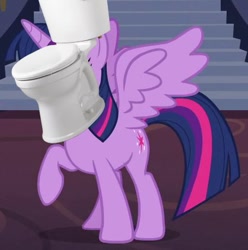 Size: 418x422 | Tagged: safe, derpibooru import, edit, edited screencap, screencap, twilight sparkle, twilight sparkle (alicorn), alicorn, pony, 1000 years in photoshop, background pony strikes again, but why, cropped, female, mare, meme, raised hoof, solo, spread wings, toilet, toilet sparkle, wat, what has science done, why, wings