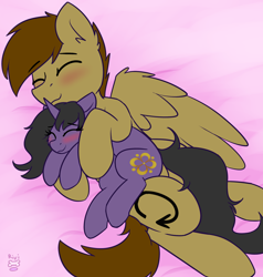 Size: 2684x2820 | Tagged: safe, artist:rivibaes, derpibooru import, oc, oc:rivibaes, oc:vicious loop, pegasus, pony, unicorn, blushing, cuddling, female, hug, male, size difference, straight