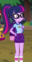 Size: 300x571 | Tagged: safe, derpibooru import, screencap, sci-twi, twilight sparkle, equestria girls, legend of everfree, camp everfree outfits, clothes, cropped, female, glasses, ponytail, shorts, socks, solo