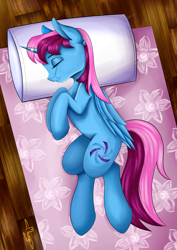 Size: 3507x4960 | Tagged: safe, artist:mangothepony, derpibooru import, oc, oc only, oc:parcly taxel, alicorn, pony, alicorn oc, bed, female, horn ring, mare, pillow, sleeping, solo, ych result