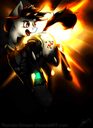 Size: 2550x3510 | Tagged: safe, artist:thunder-stream, derpibooru import, oc, oc only, oc:blackjack, pony, unicorn, fallout equestria, fallout equestria: project horizons, 2015, explosion, fanfic art, female, fire, high res, mare, open mouth, pipbuck