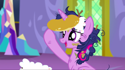 Size: 1440x811 | Tagged: safe, derpibooru import, screencap, twilight sparkle, twilight sparkle (alicorn), alicorn, pony, castle sweet castle, cute, female, food, horn impalement, i'm pancake, mare, messy mane, pancakes, sheepish grin, solo, stick, twiabetes, whipped cream