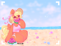Size: 4000x3000 | Tagged: safe, artist:bunxl, derpibooru import, oc, oc only, anthro, pegasus, unguligrade anthro, anthro oc, arm hooves, beach, breasts, cleavage, clothes, eating, eyes closed, female, food, one-piece swimsuit, solo, swimsuit, watermelon