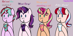 Size: 1007x497 | Tagged: safe, artist:hayley566, derpibooru import, oc, oc only, oc:astrid quartz, oc:daydream flare, oc:daylight gleam, oc:evening glitter, pony, unicorn, blue background, female, half-siblings, icey-verse, magical lesbian spawn, mare, milkshake, offspring, parent:flim, parent:starlight glimmer, parent:sunset shimmer, parents:flimglam, parents:shimmerglimmer, simple background, smoothie