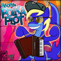 Size: 3000x3000 | Tagged: safe, artist:flaofei, derpibooru import, applejack, minuette, pinkie pie, twilight sparkle, oc, earth pony, original species, pony, shark pony, accordion, album, album cover, baseball cap, cap, cover art, glasses, hat, music, musical instrument, plot, polka, polkacore, solo focus