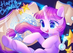 Size: 2300x1675 | Tagged: safe, artist:leafywind, derpibooru import, oc, oc only, pony, unicorn, book, female, flask, glowing horn, hairband, happy birthday, magic, magic circle, mare, monochrome, open mouth, smiling, solo, starry eyes, stars, underhoof, wingding eyes