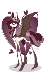 Size: 1348x2012 | Tagged: safe, artist:iheyyasyfox, derpibooru import, oc, bat pony, pony, burtonesque, curly mane, female, heart, impossibly thin legs, large wings, mare, pinto, simple background, solo, thin legs, transparent background, wings