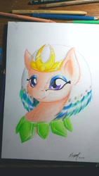 Size: 1600x2845 | Tagged: safe, artist:skyggetheumbrum, derpibooru import, somnambula, pony, bust, female, headdress, mare, obtrusive watermark, smiling, solo, traditional art, watermark