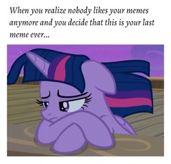 Size: 1080x1035 | Tagged: safe, derpibooru import, edit, edited screencap, editor:apex soundwave, screencap, twilight sparkle, twilight sparkle (alicorn), alicorn, pony, once upon a zeppelin, crossed hooves, female, floppy ears, image macro, mare, sad, solo, text, windswept mane