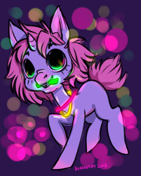 Size: 1280x1596 | Tagged: safe, artist:bukkustuff, derpibooru import, oc, oc only, pony, unicorn, abstract background, glowstick, horn, jewelry, mouth hold, necklace, rave, signature, unicorn oc, wide eyes