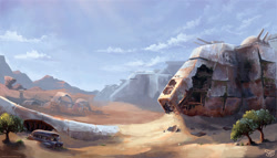 Size: 2000x1144 | Tagged: safe, artist:nemo2d, derpibooru import, fallout equestria, fallout equestria: red 36, airship, background, cloud, cloudship, desert, enclave, enclave raptor, environment art, fanfic art, grand pegasus enclave, new appleloosa, no pony, post-apocalyptic, raptor battleship, scenery, sky, tree, wreckage