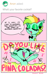 Size: 1000x1512 | Tagged: safe, artist:sickly-sour, derpibooru import, oc, oc only, oc:kokomo, bat pony, pony, ask, bat pony oc, bat wings, bowtie, comic, comic strip, ear piercing, earring, eyes closed, fangs, hoof hold, jewelry, piercing, piña colada (drink), singing, solo, speech bubble, tumblr, wings