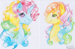 Size: 600x392 | Tagged: safe, artist:silvermoonbreeze, derpibooru import, moonstone, trickles, g1, duo, rainbow ponies, simple background, traditional art